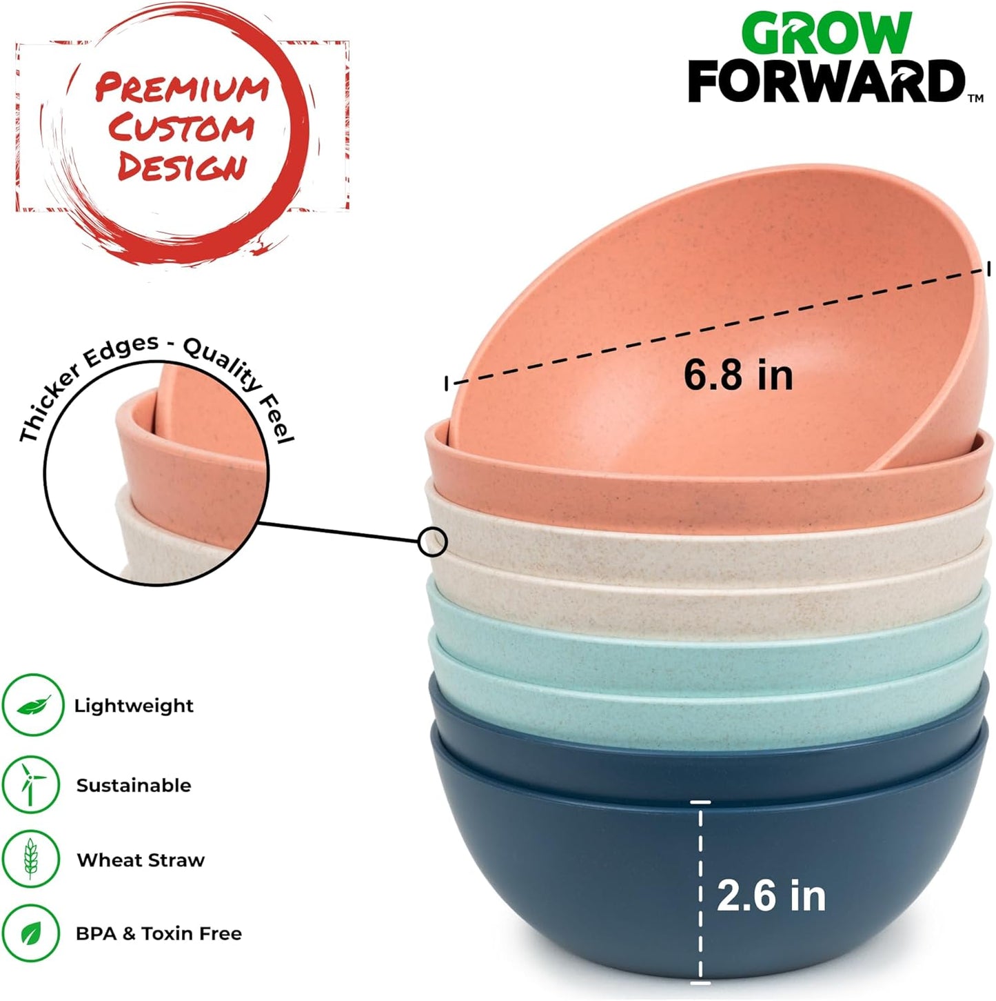 Grow Forward Premium Wheat Straw Bowls - 34oz Microwave Safe Plastic Cereal Bowls Set of 8 for Kitchen, Camping, RV, Dessert, Snack, Soup, Salad, Fruit - Reusable, Unbreakable & BPA Free - Tropical