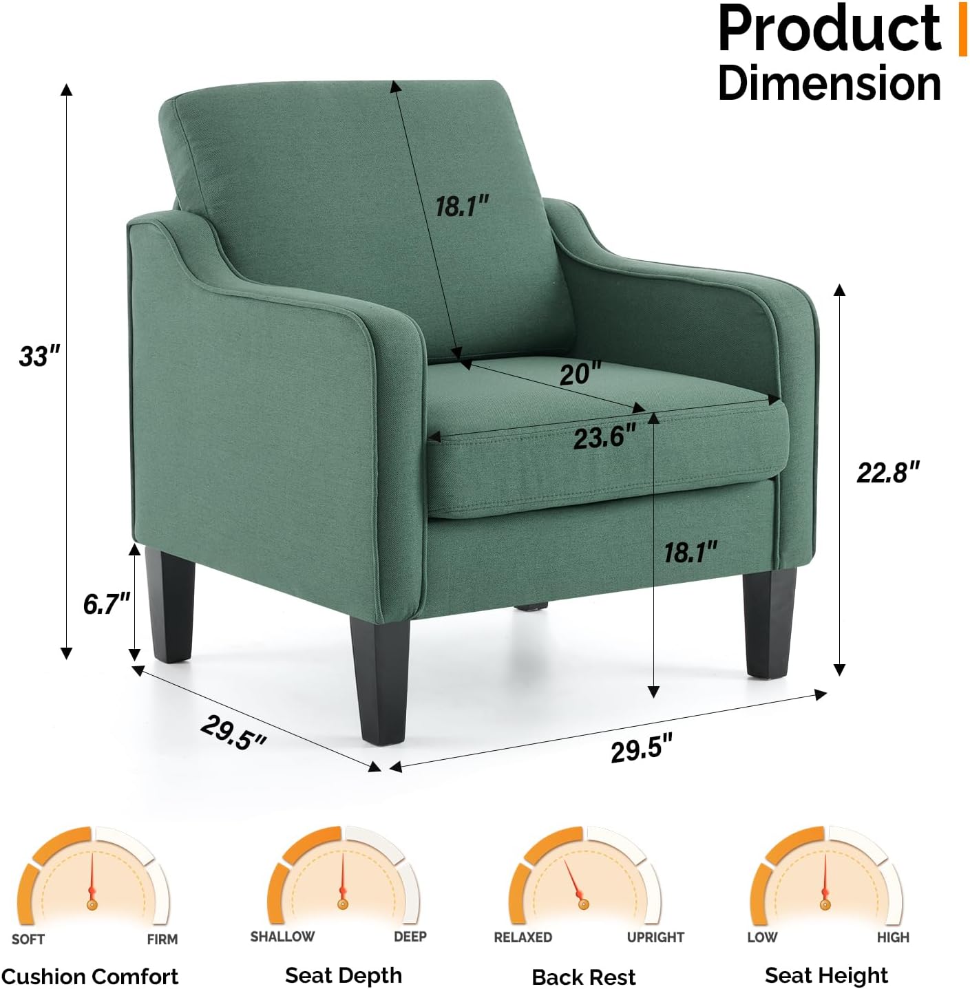 VINGLI Mid-Century Modern Accent Chairs Set of 2 Living Room Chairs Dark Green Reading Chairs for Bedroom Scooped Arm Chairs Upholstered Comfy Chairs for Apartment, Waiting Room