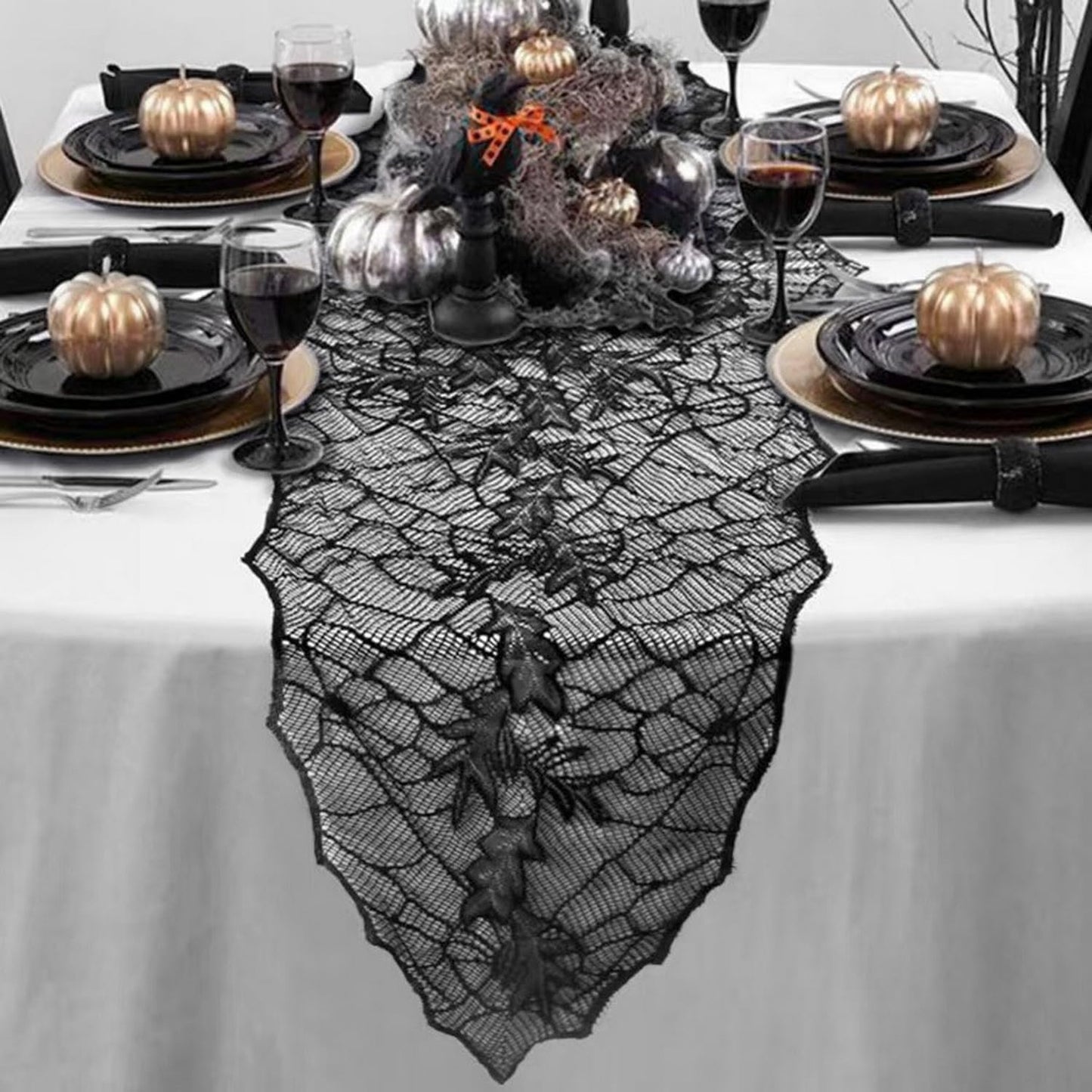 Fall Decorations Table Runner - Black Lace Maple Leaves Table Runners for Autumn Table Decor, 20*75 Inch Halloweens Lace Table Runner for Halloweens Party Home Kitchen Dinner Decoration Indoor