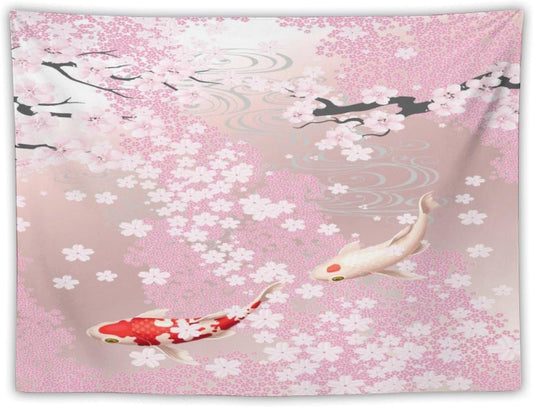 Houselerax Japanese Koi Fish Tapestry, Cherry Blossoms Asian Oriental Pink Flower Branch Koi Fish Carp Tapestries Wall Hanging for Bedroom Living Room Office Decor 40"x30"