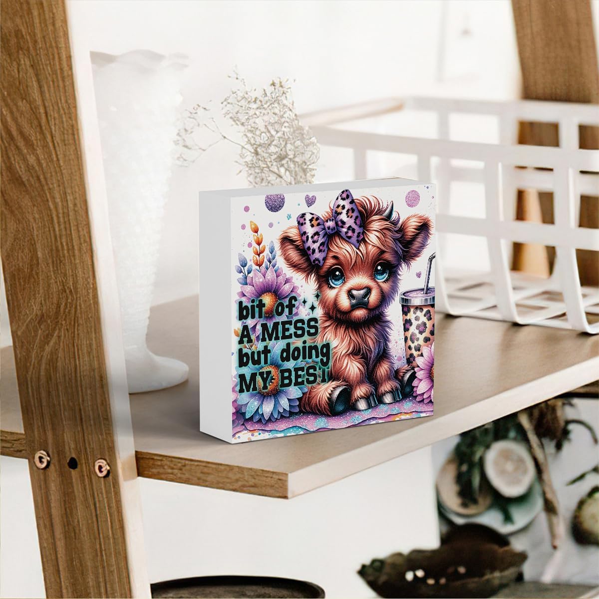 Highland Cow Baby Decor, Highland Cow Sunflower Decor, Highland Cow Gifts for women, Highland Cow Nursery Decor, Wooden Box Decor Sign for Home Farmhouse Office Living Room Table Shelf Tiered