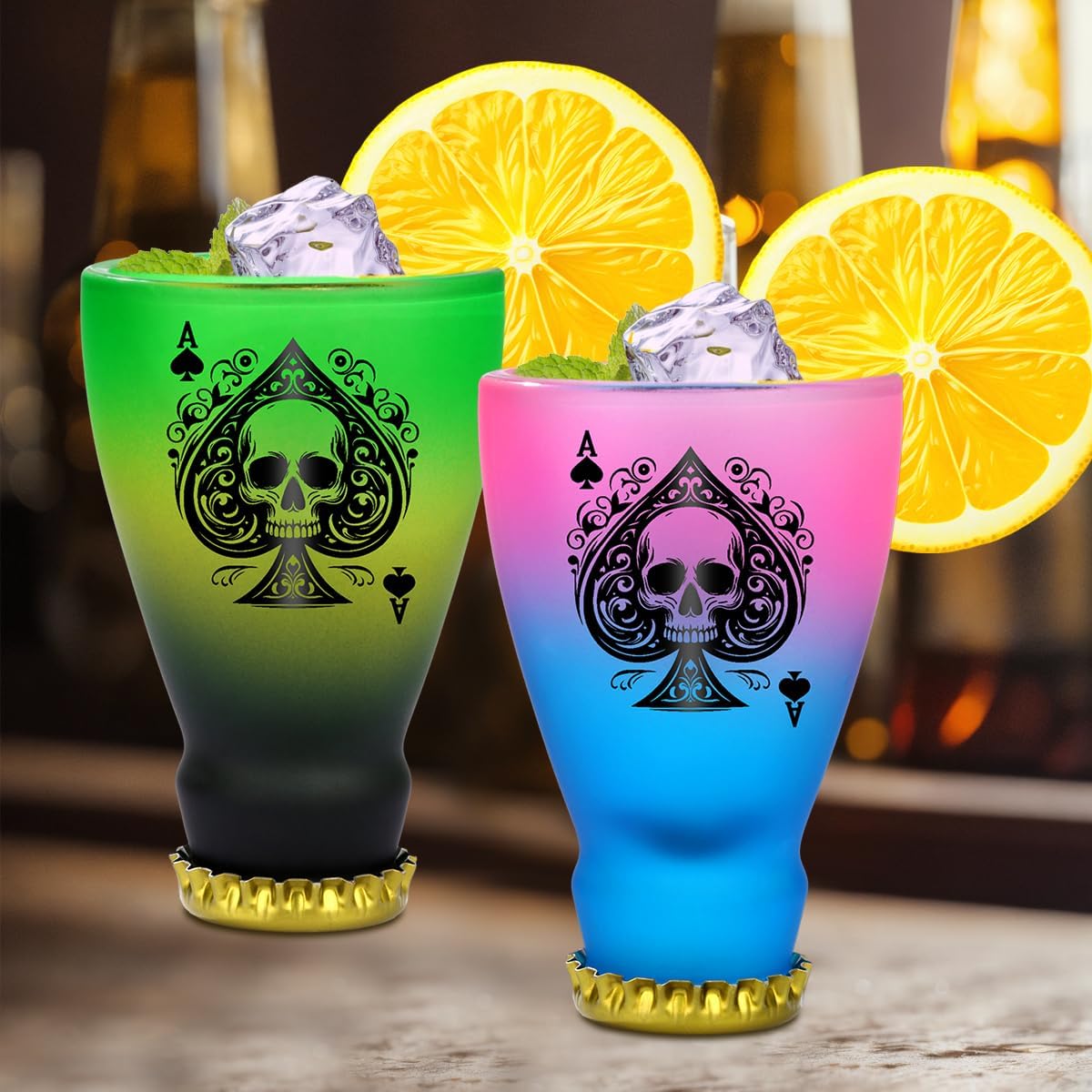 Spades Skull Pattern Glass Shot Glasses, Unique Wine Bottle Shot Glass, 43ml Shot Cups Set of 2 with Gift Box for Alcohol Shots, Vodka, Expresso, Tequila & Dessertsor, Gothic Christmas Gift