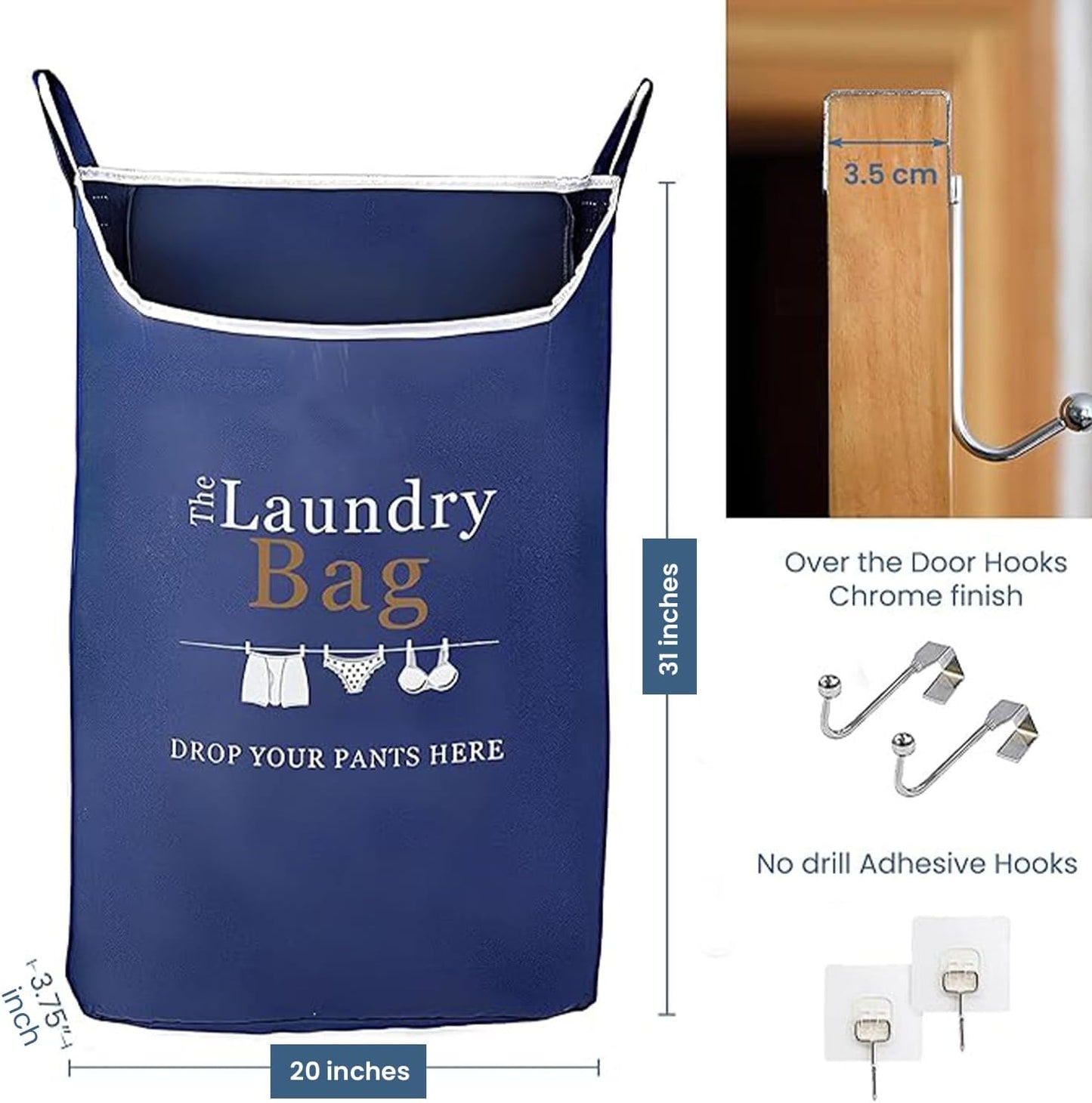 Fine Living Co. Large Hanging Laundry Hamper with Over Door Hooks & Adhesive, Durable Space Saving Laundry Bag with Zipper and Wide Open Top, Hanging Dorm Laundry Hamper (Navy Blue with Print-XL)