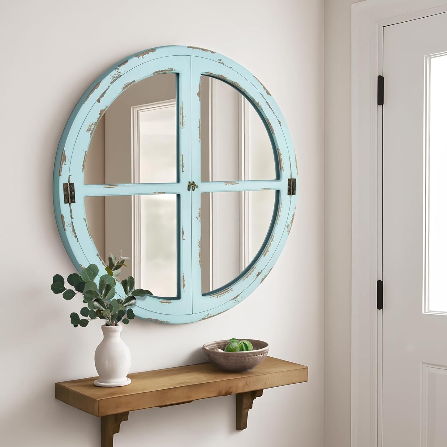 30" Round Window Mirror, Vintage Coastal Wall Mirror with Distressed Blue Wood Frame & Faux Windowpanes, Farmhouse Cottagecore Decor for Living Room, Entryway, or Dining Room