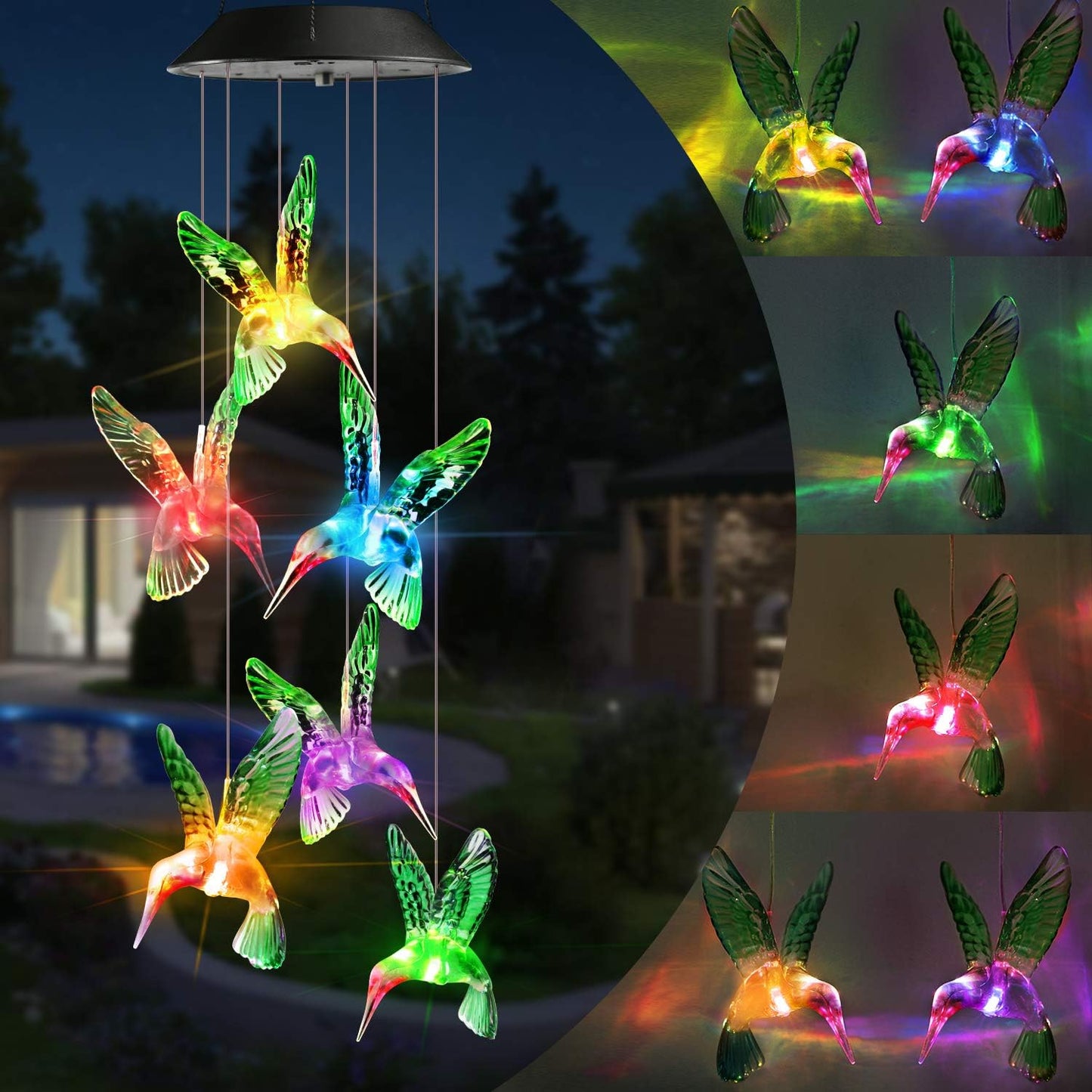 Toodour Solar Wind Chime, Color Changing Wind Chimes Hummingbird, LED Decorative Mobile, Gifts for Mom Grandma, Waterproof Outdoor Decorative Lights for Garden, Patio, Yard, Window Outdoor Decor