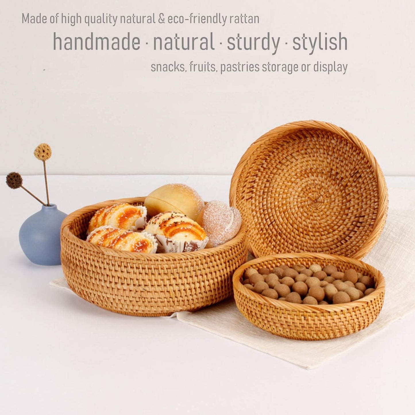 3 Pack Hadewoven Round Rattan Fruit Basket Wicker Food Tray Weaving Storage Holder Dinning Room Bowl, 10 Inch Small Wicker Basket Serving Tray Woven Basket for Bread,Snack,Brown(3-Size Kit)