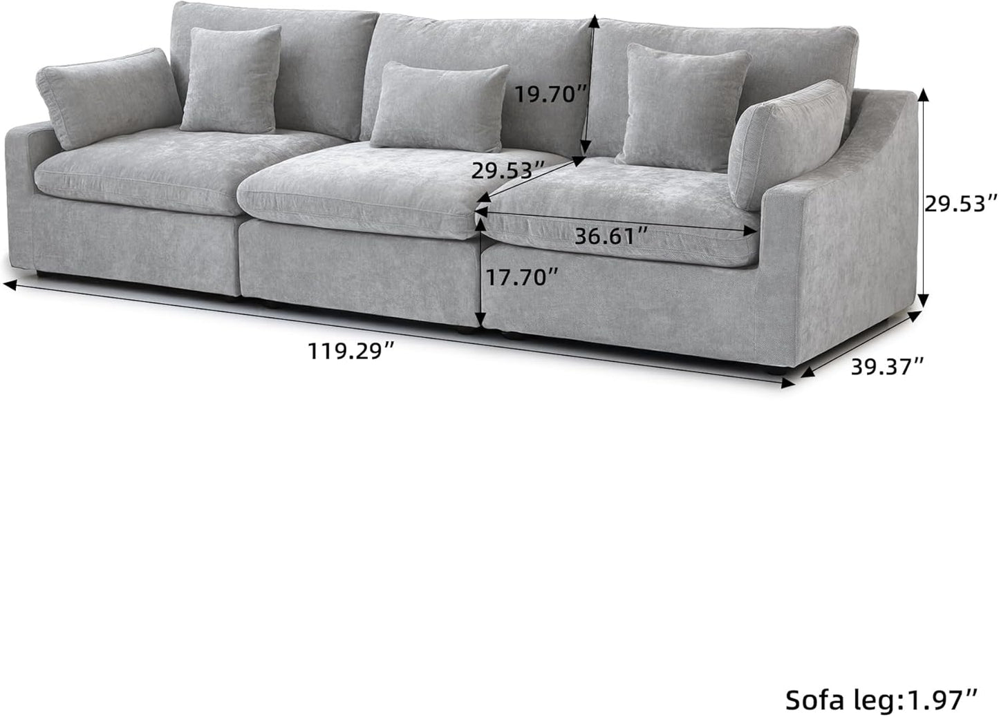JACH Sectional Couches for Living Room, 3 Seater Cloud Sectional Couch with Deep Seat, Down Filled Modular Sofa, Covers Removeable & Washable, Sofas Furniture for Living Room, Light Grey