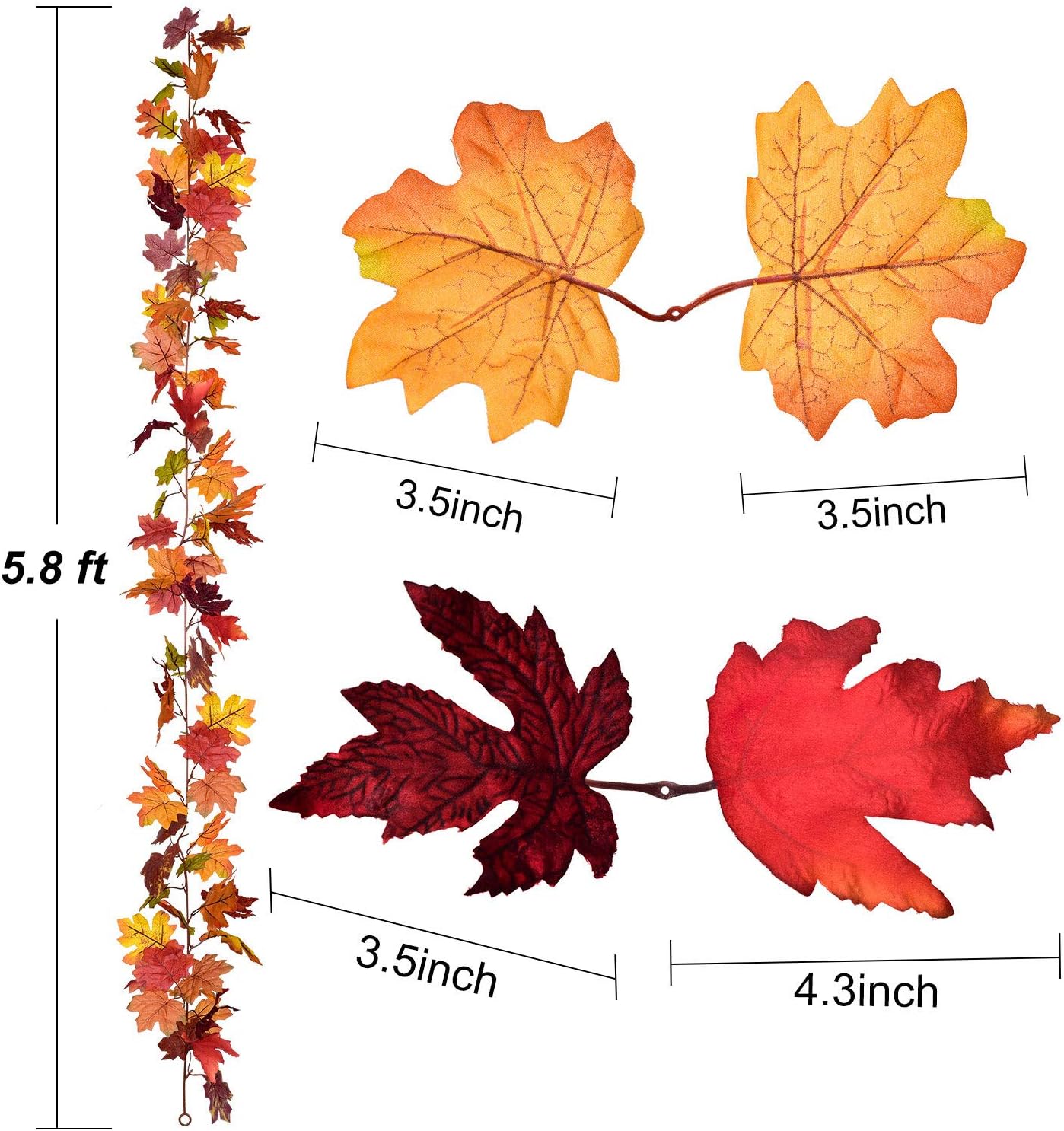 Lvydec 2 Pack Fall Garland Decoration - 5.8ft/Strand Artificial Maple Garland Colorful Leaves Autumn Decor for Home Wedding Party Thankgiving (Mixed Color)