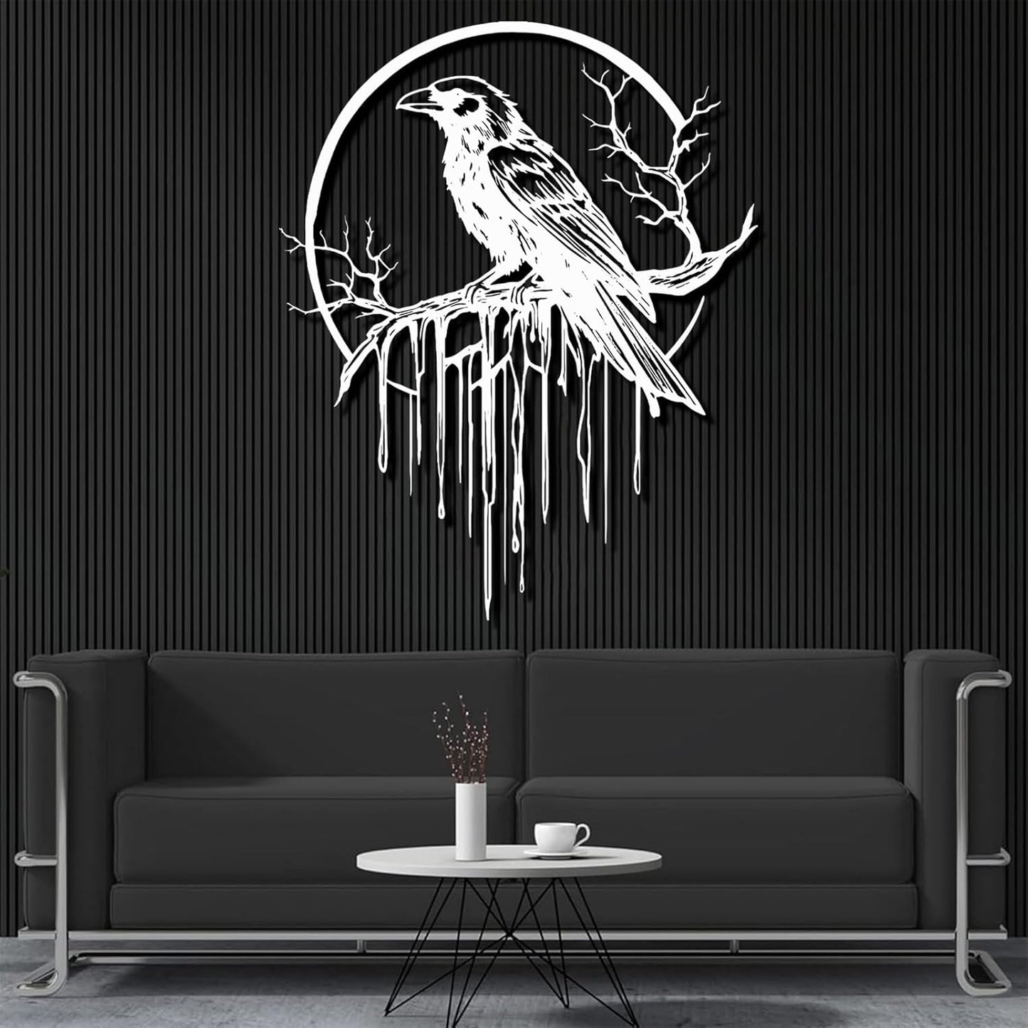 Crow Metal Wall Decor, Raven Wall Art, Large Gothic Raven Decor Hangings, Bird Wall Decor, Metal Tree Branch Decor, Ravens Sign, Raven Art for Living Room (White, 24"x19" | 60x48cm, metal wall art)