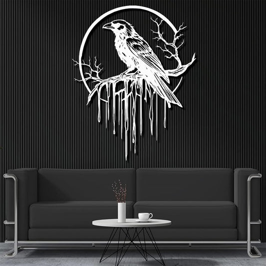 Crow Metal Wall Decor, Raven Wall Art, Large Gothic Raven Decor Hangings, Bird Wall Decor, Metal Tree Branch Decor, Ravens Sign, Raven Art for Living Room (White, 28"x22" |70x56cm, metal wall art)