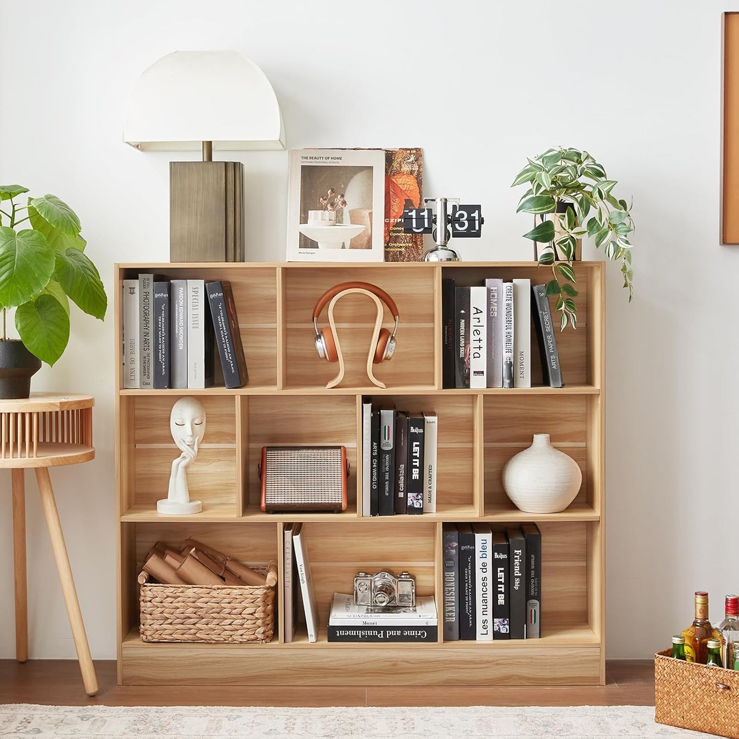 LEYAOYAO 10 Cube Bookshelf with Base,3 Tier Mid-Century Modern Grey Bookcase,Standing Wide Bookshelves Storage Organizer Shelf,Rustic Wood Display Cabinet Book Shelves for Bedroom,Living Room,Office