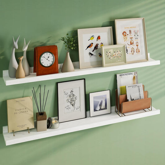 Floating Picture Ledge Shelves 48 Inch Solid Oak Wood Set of 2, Rustic Wall Storage Shelves with Lip, Kids Bookshelf, Photo & Picture Ledge Shelves for Bedroom, Living Room, Kitchen