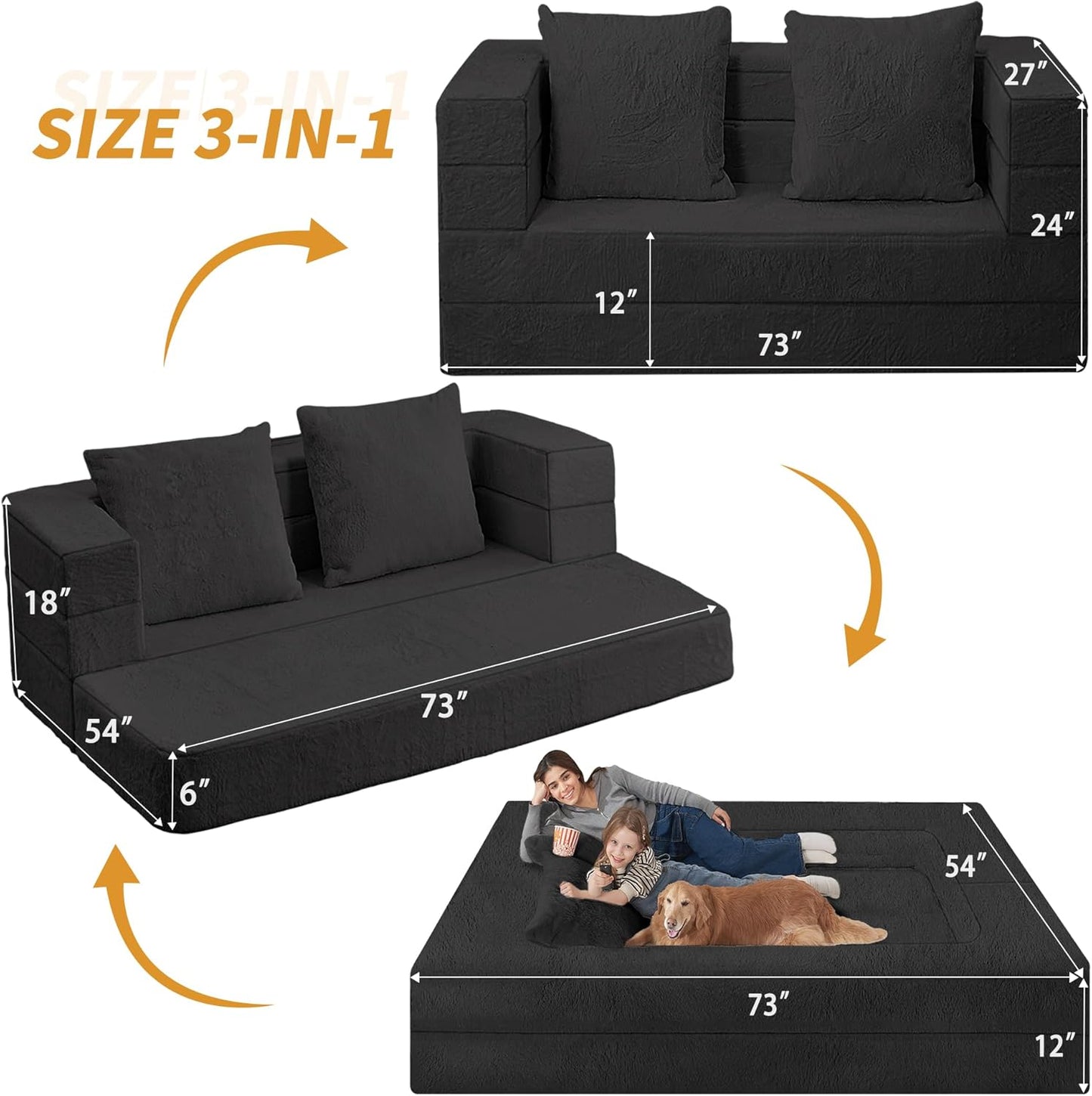 Folding Bean Bag Chair for Adults,3-in-1 Bean Bag Couch Faux Fur Floor Sofa Large Beanbag Convertible Bean Bag Sofa Bed with Pillow in Bedroom,Living Room,Apartment(Queen,Black)