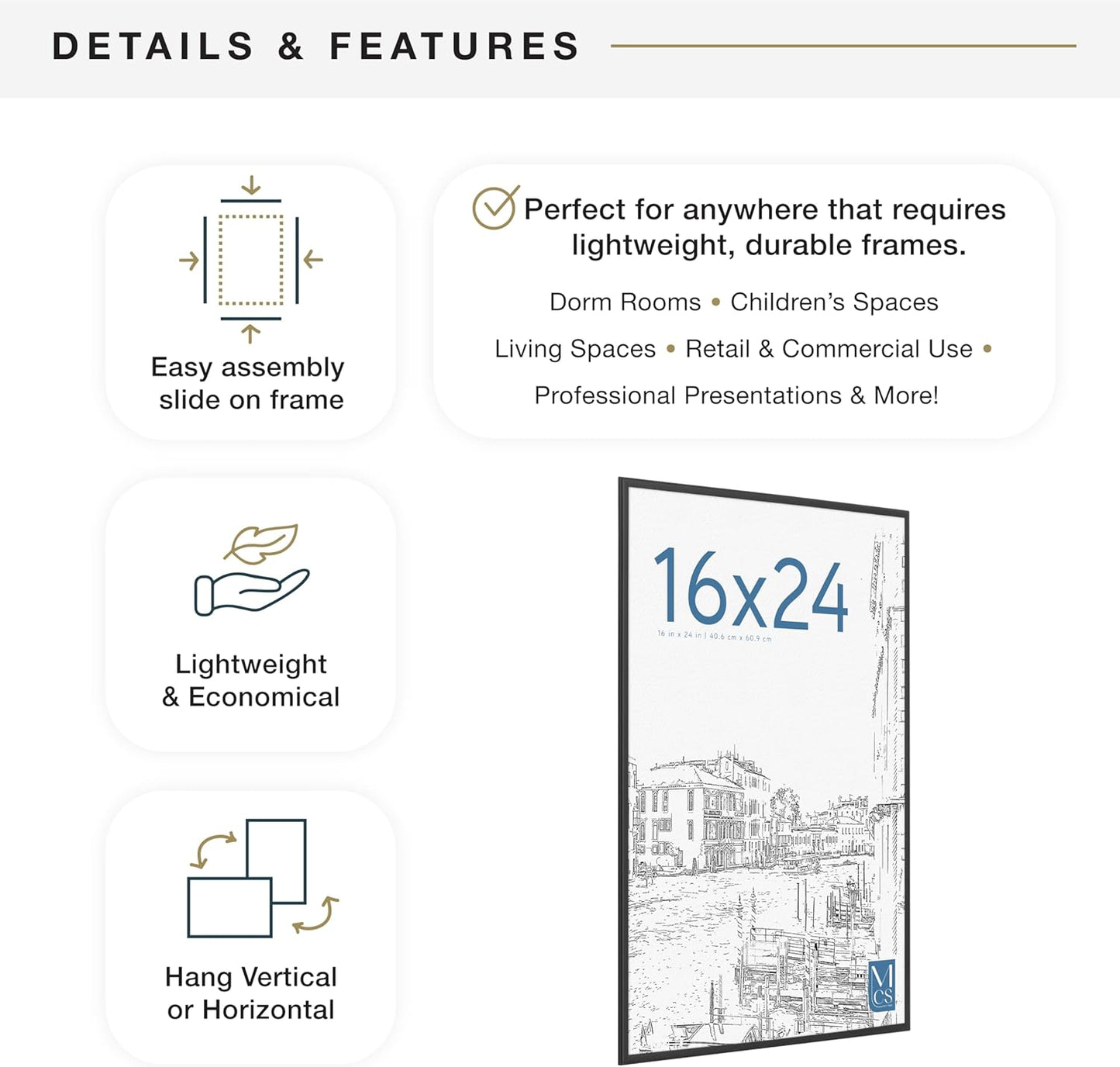 MCS Original Poster Frame 16x24 Black Lightweight Vertical & Horizontal Wall Hanging Large Picture Frame for Posters, Art Prints & Gallery Wall (6-Pack)