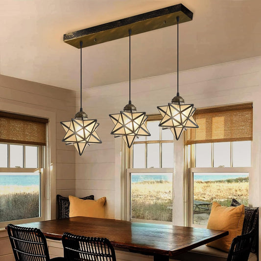 Farmhouse Frosted White Glass Chandelier 3 Lights Star Pendant Lights for Dining Table Kitchen Island Modern Ceiling Hanging Lights Included LED Warm Light Bulbs Oiled Bronze