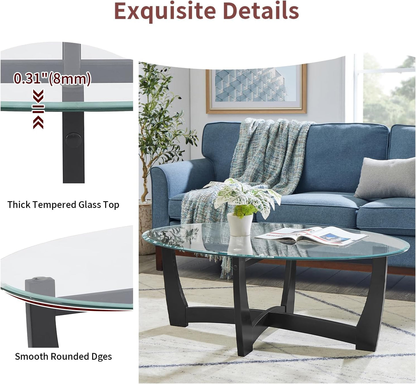 48" Oval Glass Coffee Table with Tempered Glass Top Cross and Solid Wood Base Simple & Modern Center Table for Living Room Office Apartment Black