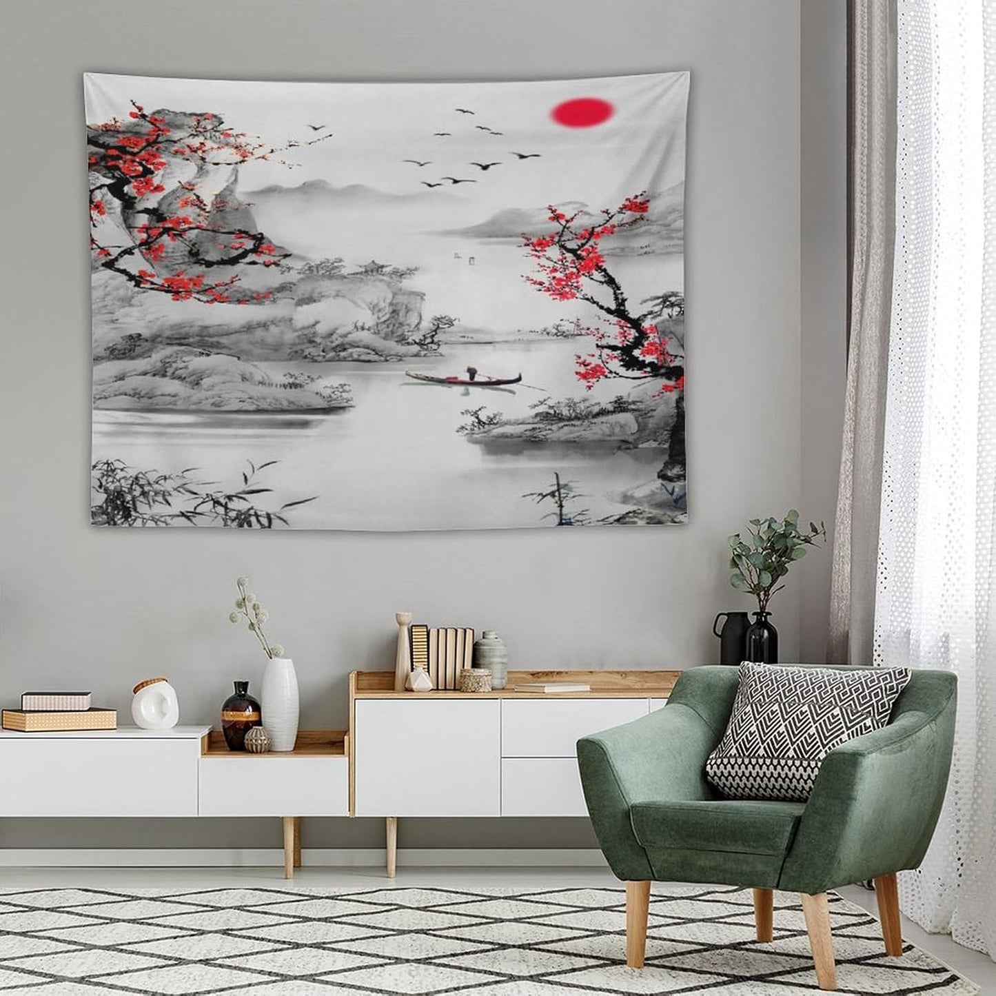 Cherry Blossoms Tapestry,Japanese Red Landscape Watercolor Abstract Art Tapestry,Asian Japanese Wall Tapestry, Nature Landscape Tapestries for Bedroom Living Room Decor 80"x60"