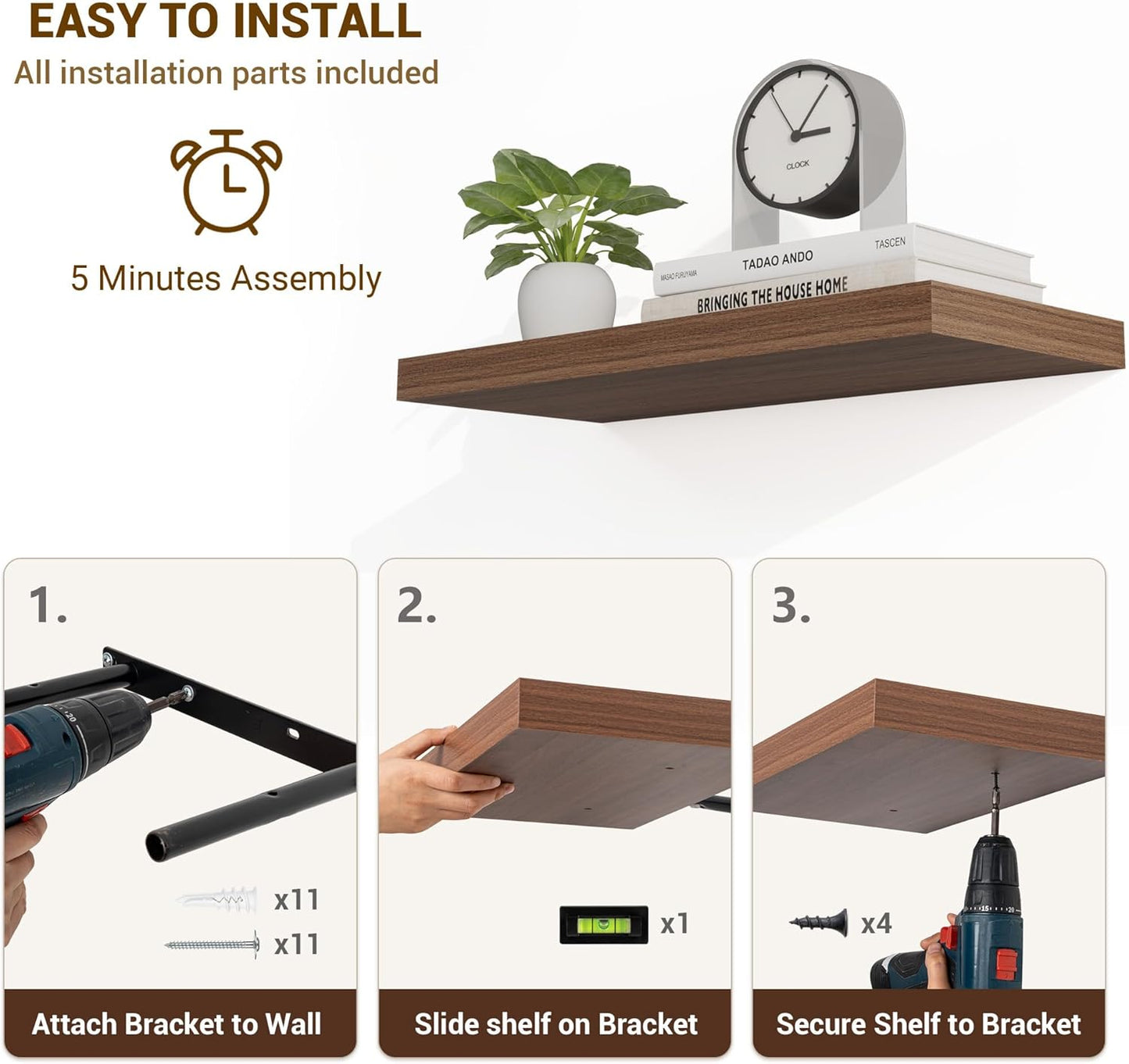 16 Inch Floating Shelves, 16"x9.25"x1.5" Inch Deep Floating Shelves for Wall, Wooden Shelves for Bathroom, Bedroom, Living Room, Walnut