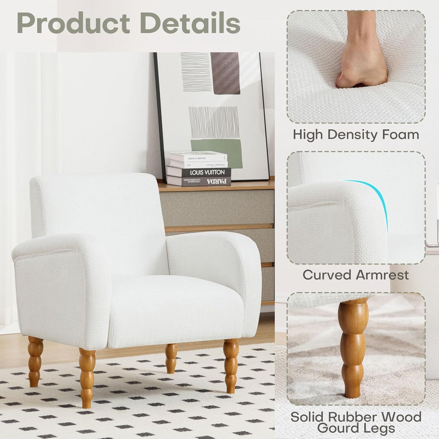 Chenille Fabric Accent Chair, Upholstered Armchair with Solid Wood Legs, Modern Living Room Accent Chair, Comfy Single Sofa Chair Reading Club Chair for Bedroom Reception Lounge, White