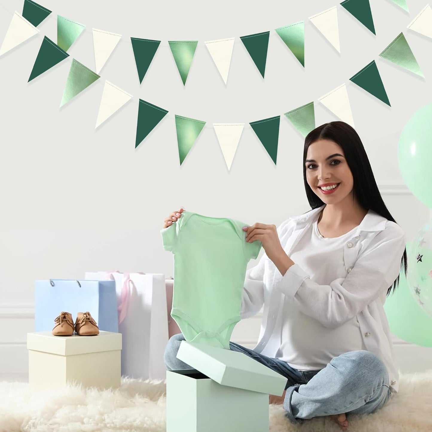 Sage Green Decorations Hanging Paper Pennant Banner Flag Green Beige Triangle Bunting Garland for Birthday Baby Shower Wedding Engagement Neutral Safari Wild One Woodland Jungle Theme Party Supplies