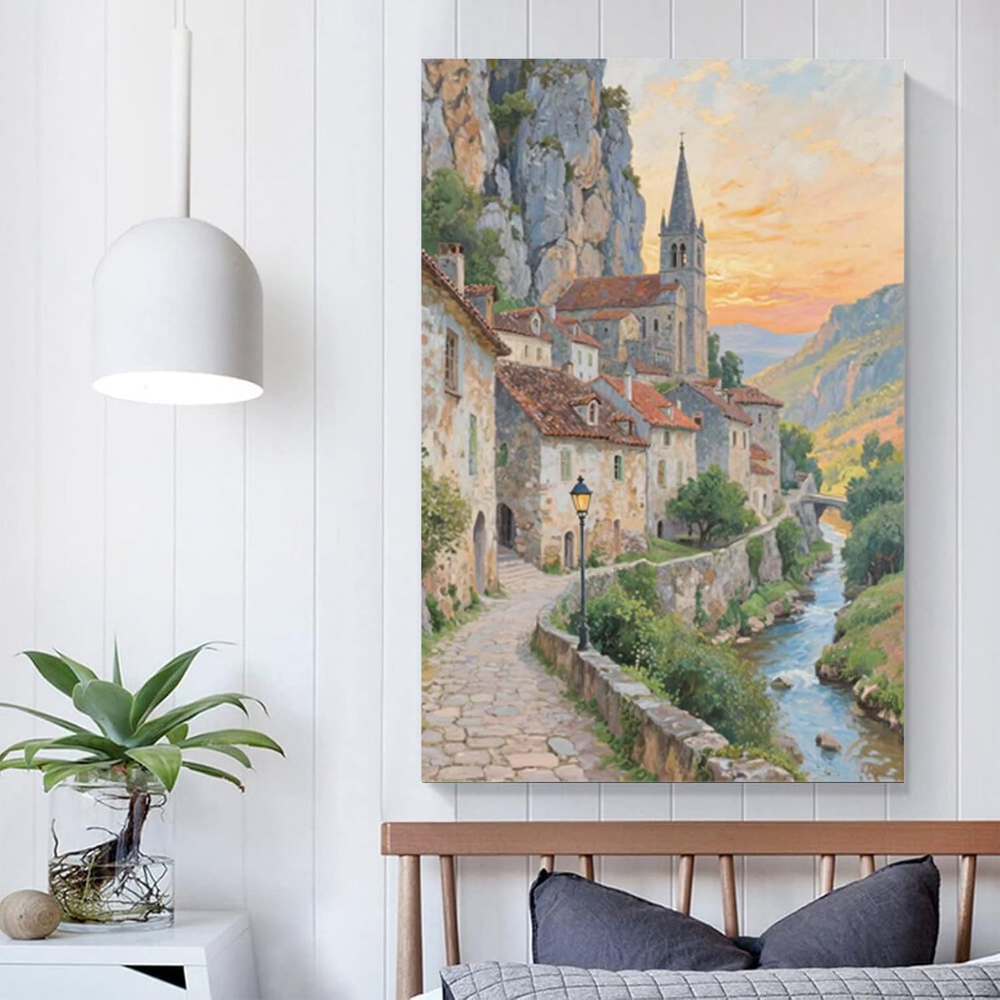 Small town scenery poster on the bank of the mountain stream is suitable for living room bedroom and office natural oil painting poster