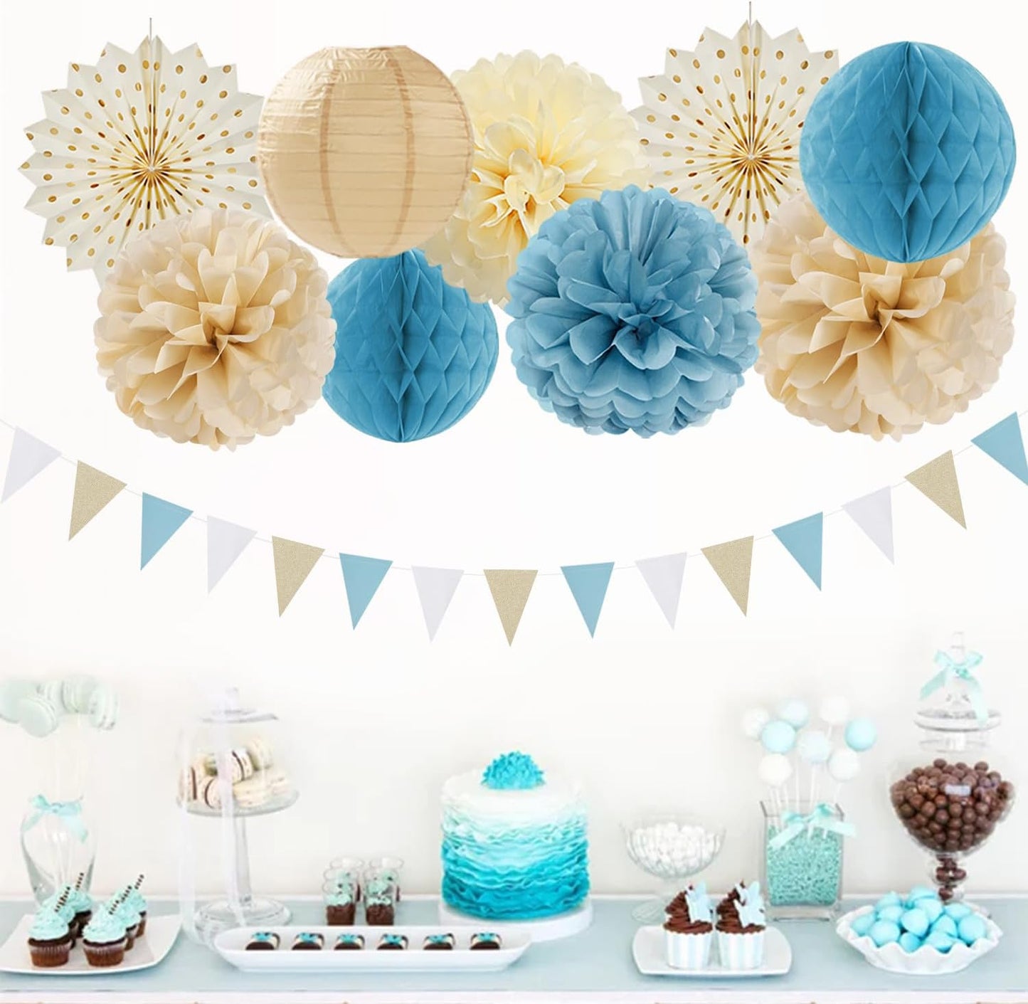 Light-Dusty Blue Beige-Champagne Boho Party-Decorations - 14Pcs Baby Bridal Shower Streamers Lanterns Honeycomb Fan,Tissue Pom Poms,Women Girls Birthday Bachelorette Wedding Backdrop Decor Ouruola