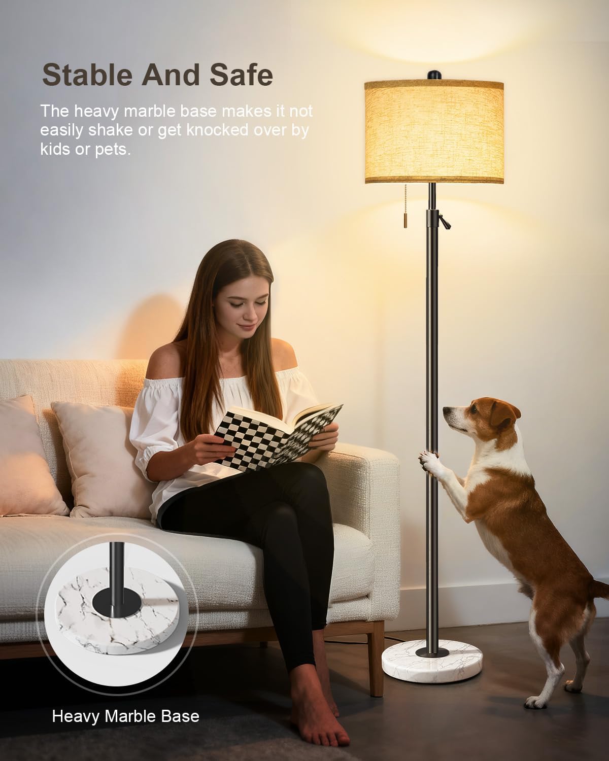 Floor Lamp for Living Room - Adjustable Height Standing Lamp with Marble Base & Linen Shade - Tall Pole Floor Light with 3 Color Temperatures Bulb for Bedroom, Reading - Easy Assembly