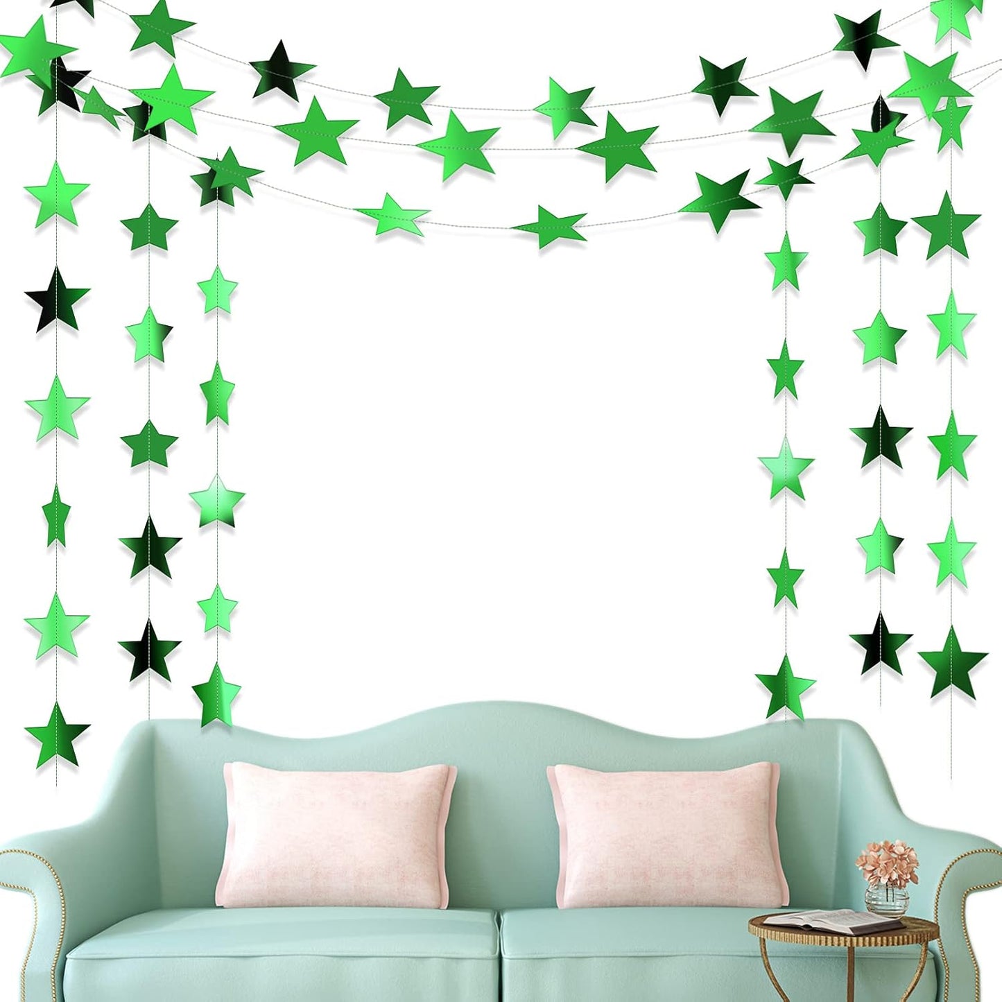 Patelai Glitter Star Garland Banner Decor 130 Feet Star Hanging Bunting Banner Twinkle Backdrop for Homecoming Classroom Wedding Birthday Halloween Christmas Party Supplies(Green)