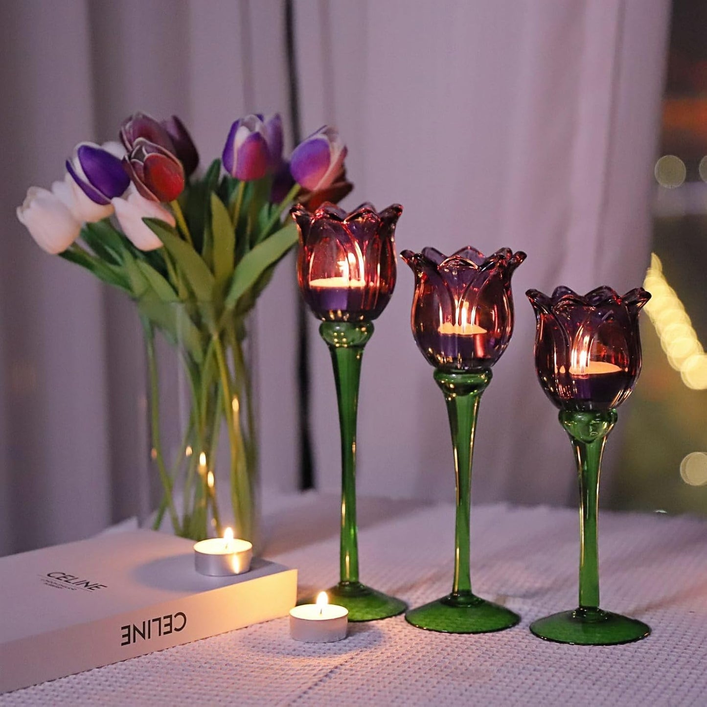VOHO 6pcs Purple Tulips Candle Holders Gifts for Halloween, Thanksgiving, Easter, Elegant Purple Tealight Candle Holder for Modern Room Decor, Glass Tulip-Like Tea Lights Holder Wedding Holiday Table