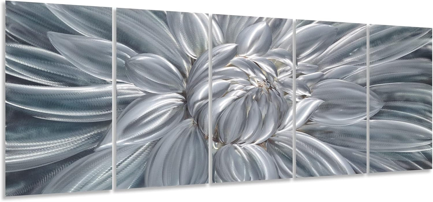 Yihui Arts Silver Metal Flower Wall Art, 5 Pieces Aluminum Artwork, Contemporary Botanical Sculpture for Living Room Bedroom Bathroom Decor