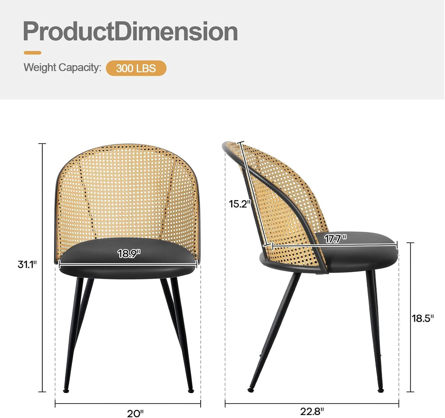 Dining Chairs Set of 6, Mid Century Modern Dining Room Chairs with Rattan Back, Faux Leather Kitchen Dining Chairs Farmhouse Armless Mesh Cane Back Side Chairs with Metal Legs, Black