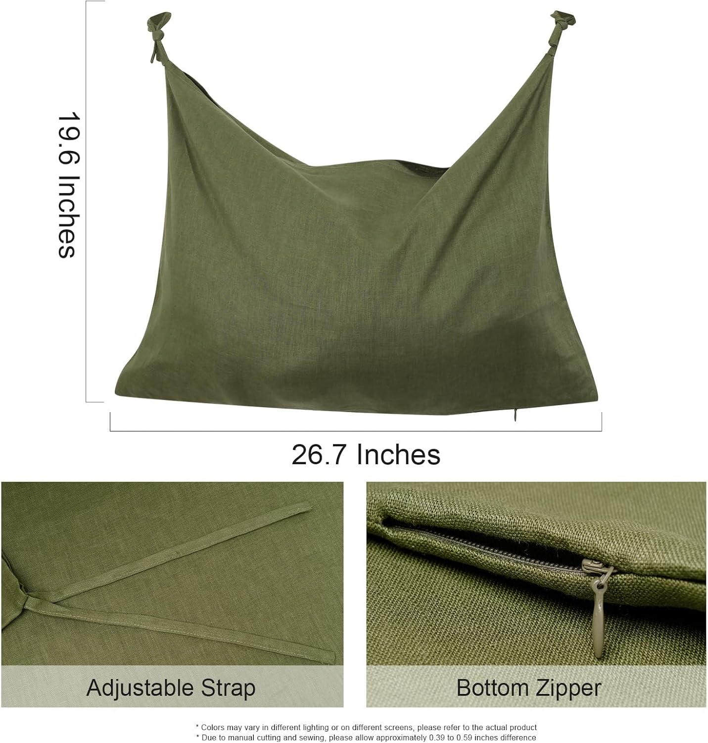 Hanging Linen Laundry Bag, 100% Pure Flax Linen Over The Door Hamper with Bottom Zipper for Laundry Room, Household Dirty Cloth Storage Organizer Bag, Army Green