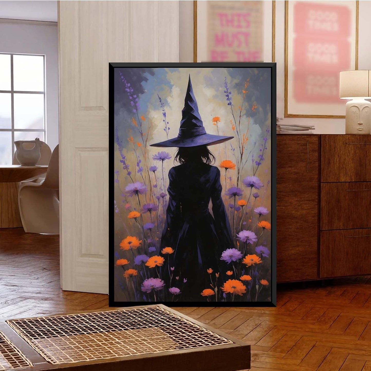 JFHCQJPK Country wildflower witch canvas print halloween mashup art witch purple decoration bohemian elegant art poster8x12in Metal blackFramed