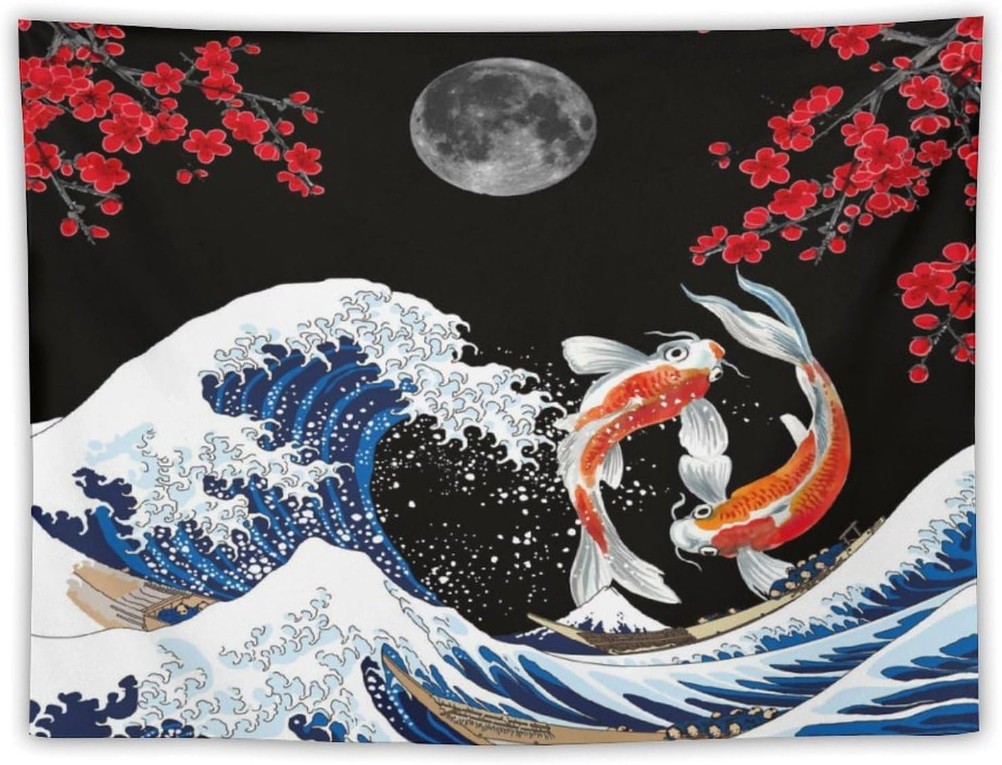 Houselerax Japanese Koi Fish Tapestry, Yin Yang Big Wave Red Cherry Blossom Tapestries Wall Hanging for Bedroom Living Room Office Decor 40"x30"