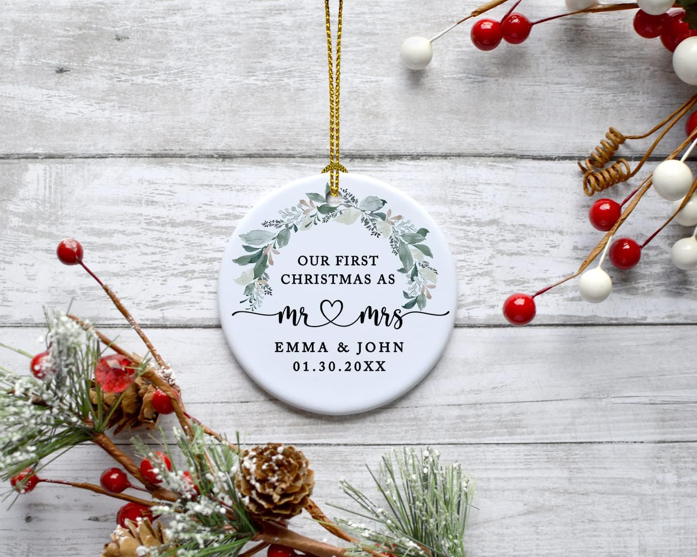 Andaz Press Personalized Our First Christmas As Mr. & Mrs. 2025 Christmas Ornaments Foliage Wreath 2.8" Round Porcelain Ceramic 1st Year Married Custom Ornament Keepsake for Newlyweds 1-Pack