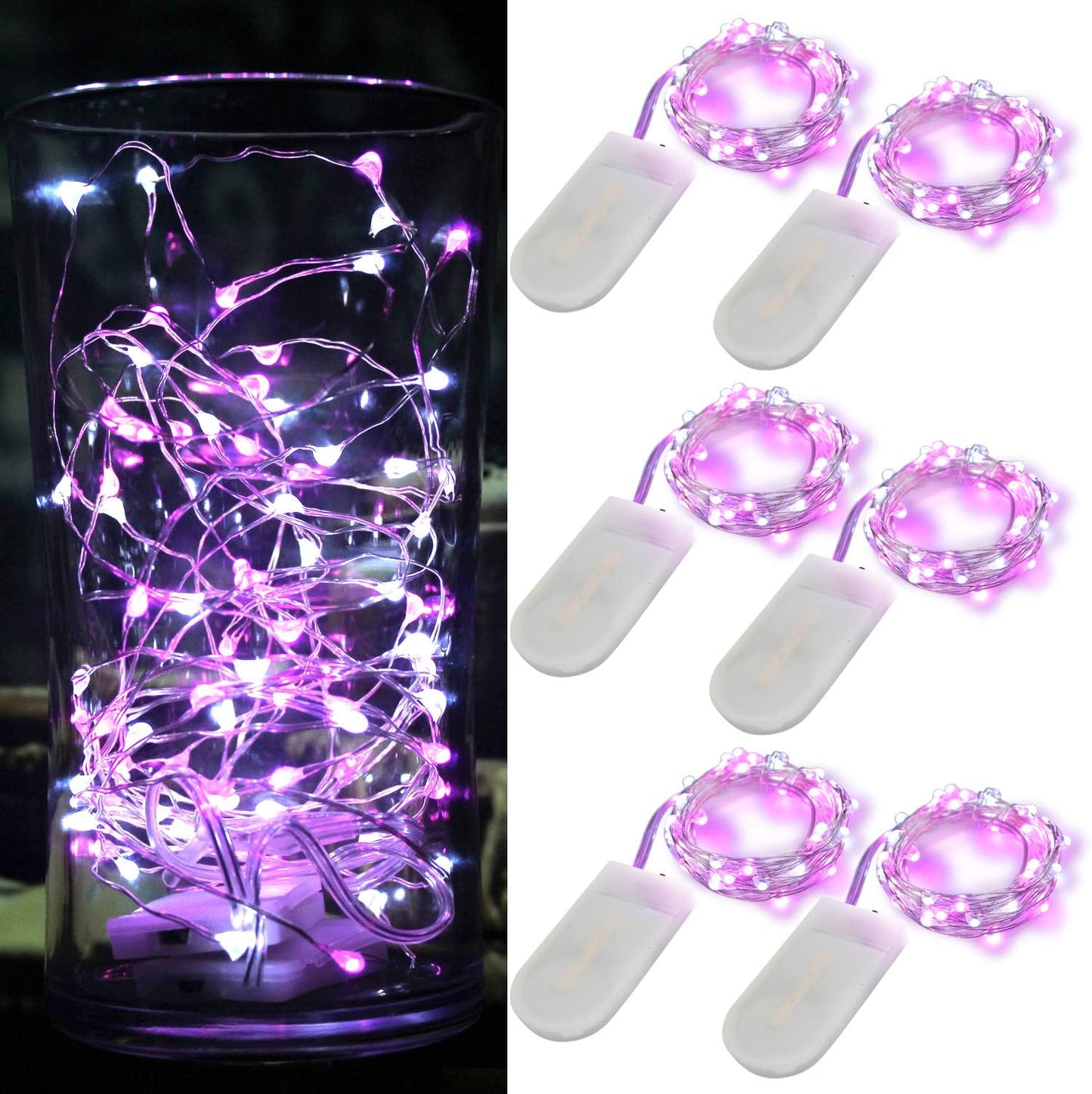 [6-Pack] 7Feet Starry String Lights,Fairy String Lights 20 Micro Starry LEDs On Silvery Copper Wire CR2032 Batteries Included,for Wedding Centerpiece,Party,Christmas Table Decor (Pink White)