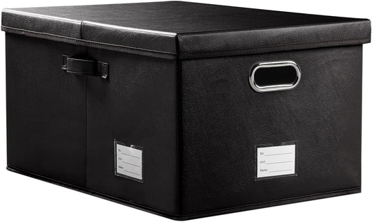 PRANDOM Collapsible Storage Box with Lid [1-Pack] Leather Fabric Foldable Storage Bin Organizer Container Basket Cube with Cover for Home Bedroom Closet Office Nursery Black (22.8X15.7X11.8)