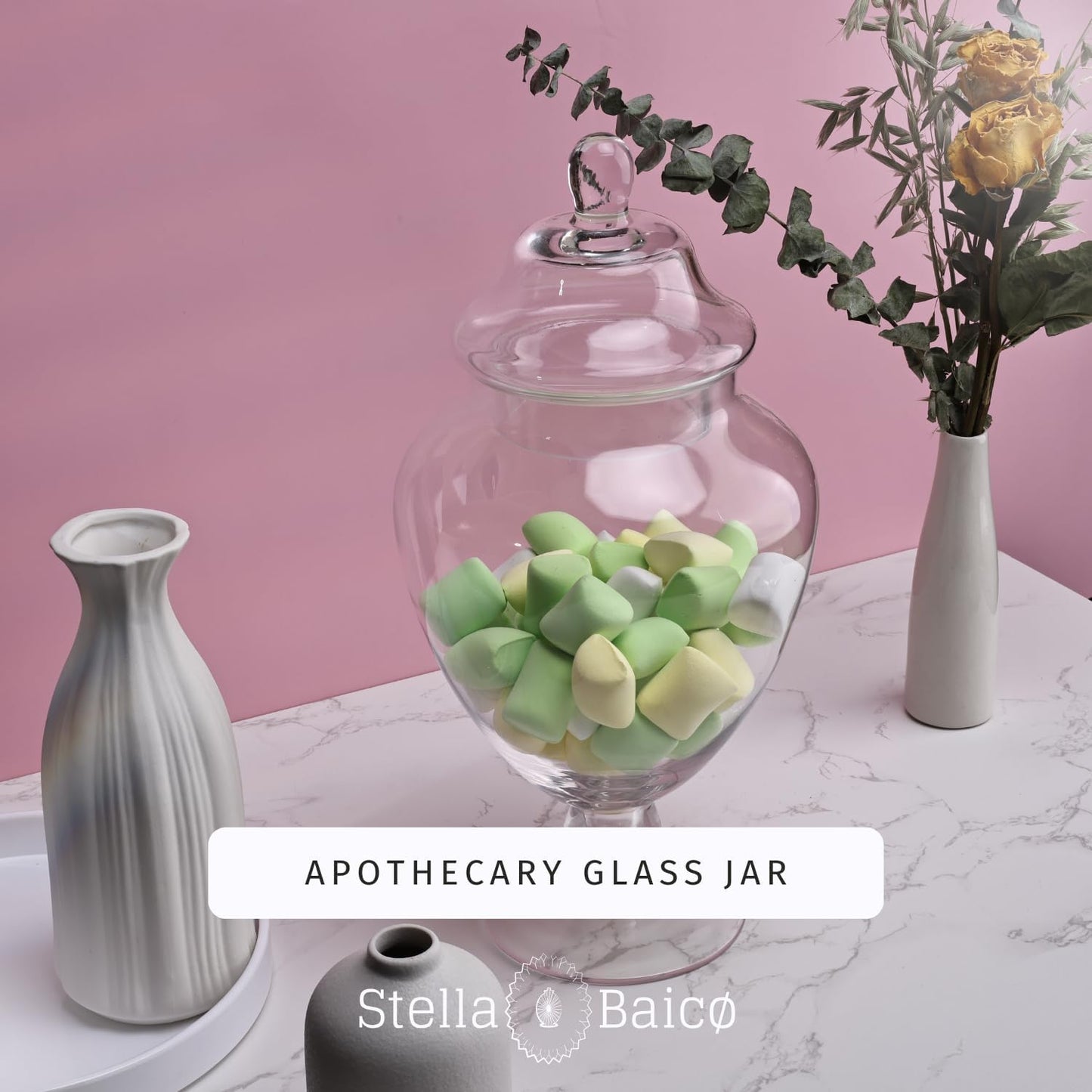 Clear Glass Apothecary Jars with Lid, Glass Candy Jar for Candy Buffet, Elegant Decorative Glass Jars for Wedding, Display and Party, Large Candy Canisters (Height: 12.6", Diameter: 6.3")