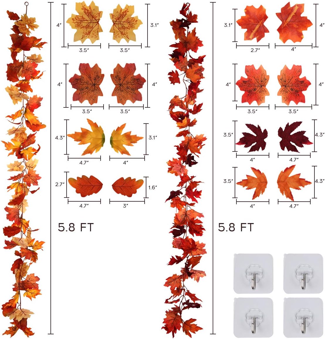 RECUTMS 2 Pack Fall Maple Garland - 5.8 FT/Pcs Autumn Hanging Fall Leave Vines for Home Garden Wedding Party Thanksgiving Dinner Fireplace Door Frame Doorway Backdrop Christmas Decor