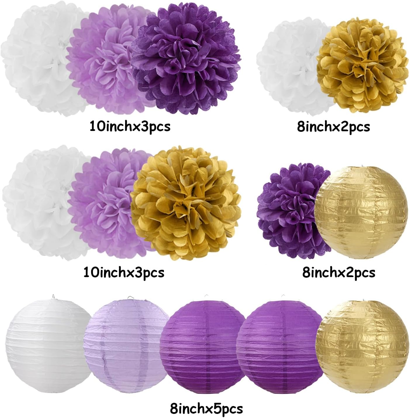 Purple White-Gold Party-Decorations Paper Flowers Lanterns - 15PCS Graduation Lavender Tissue Pom Poms Streamers,Wedding Birthday Bachelorette Baby Shower Classroom Hanging Supplies Decor Hugfond