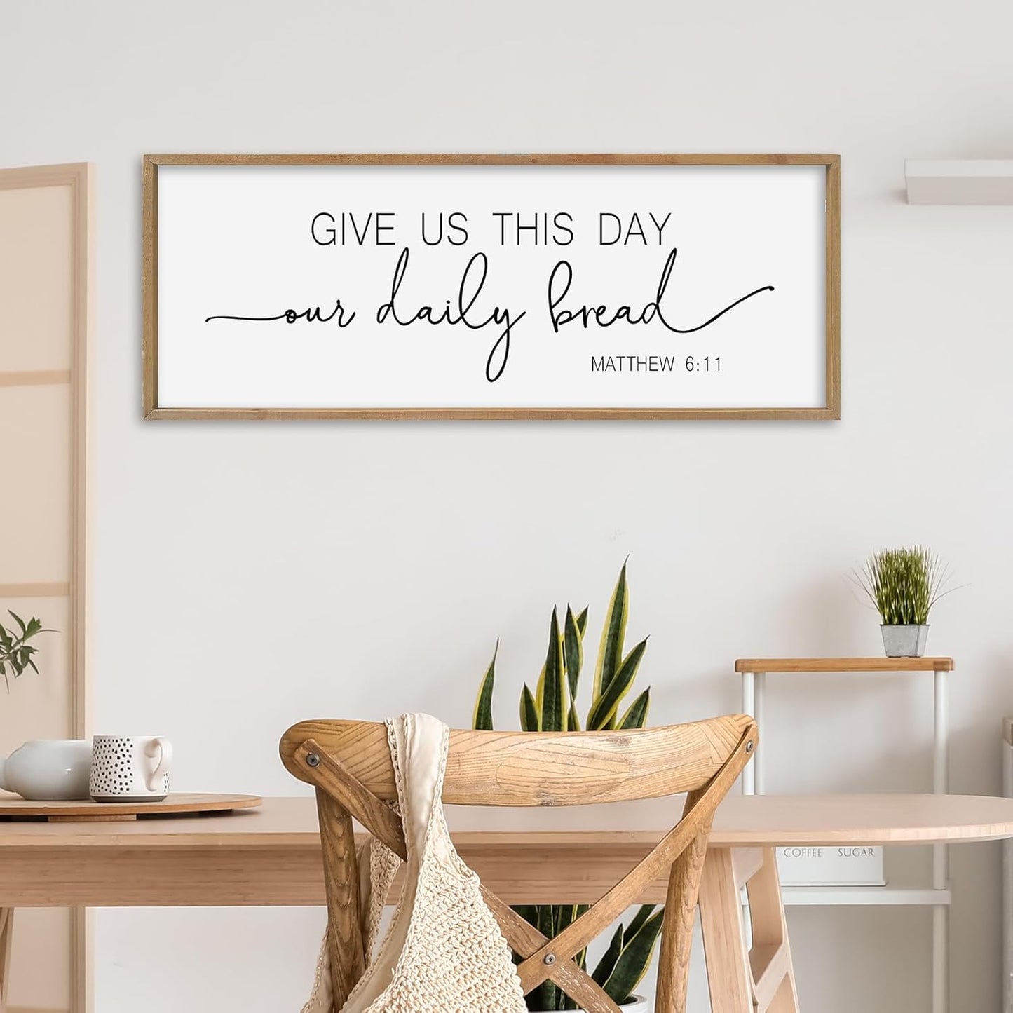 SRSZHIYUE Give Us This Day Our Daily Bread Sign Wall Decor Art 32"×12" Matthew 6:11 Dining Room Kitchen Large Wood Framed Wall Hanging (Wood)
