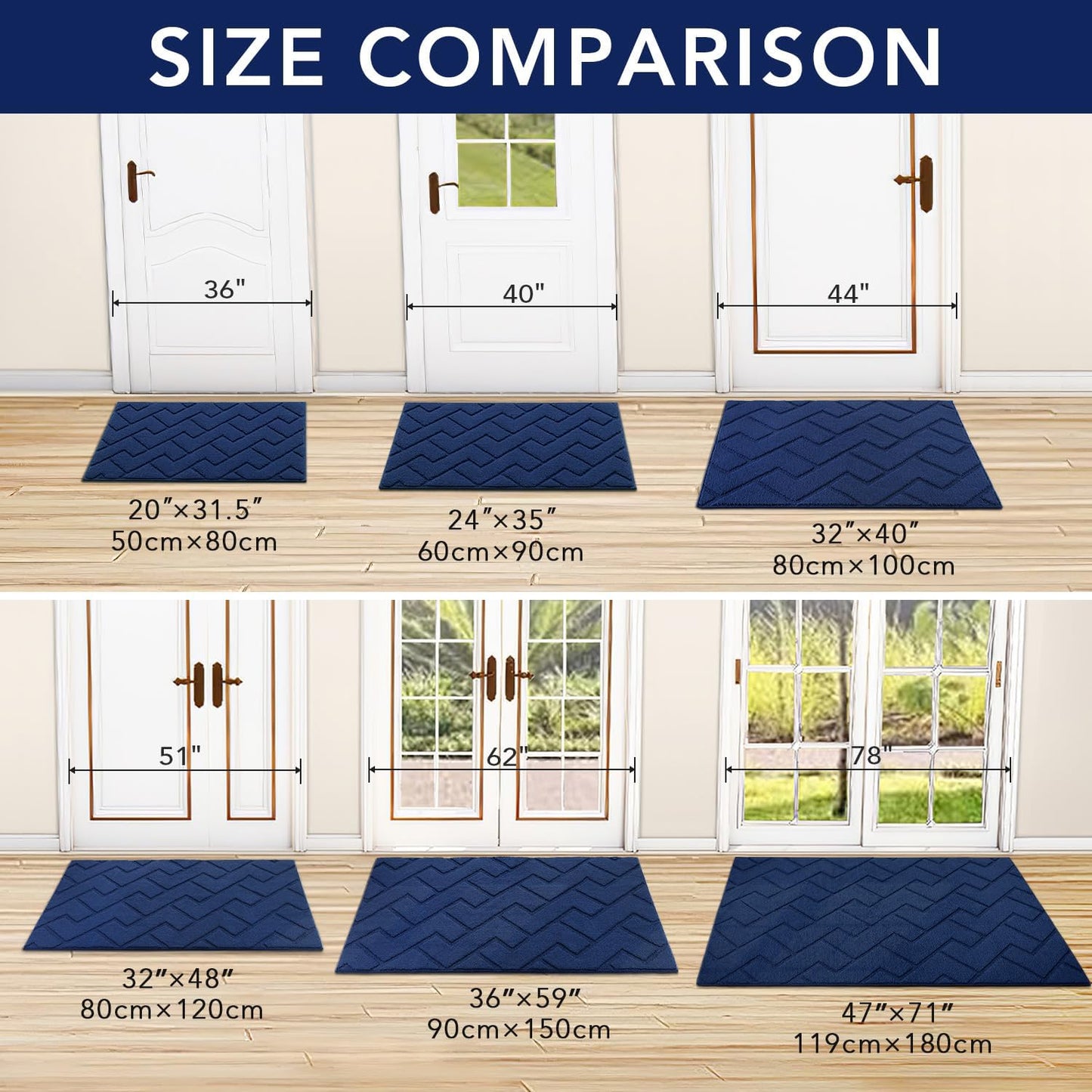 hicorfe Indoor Doormat,Front Back Door Mat Rubber Backing Non Slip Door Mats 20"x59" Absorbent Resist Dirt Entrance Doormat Inside Floor Mats Entryway Washable Low-Profile for Patio,Garden(Navy Blue)
