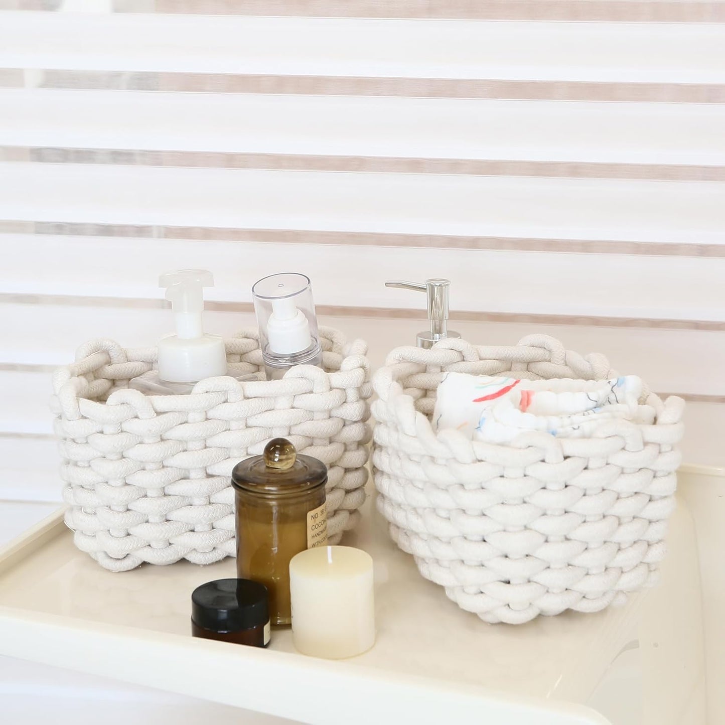 Sea Team 3-Pack Rectangle Woven Cotton Rope Storage Baskets with Handles, Shelf Basket, Closet Organizers, 3-in-1, White