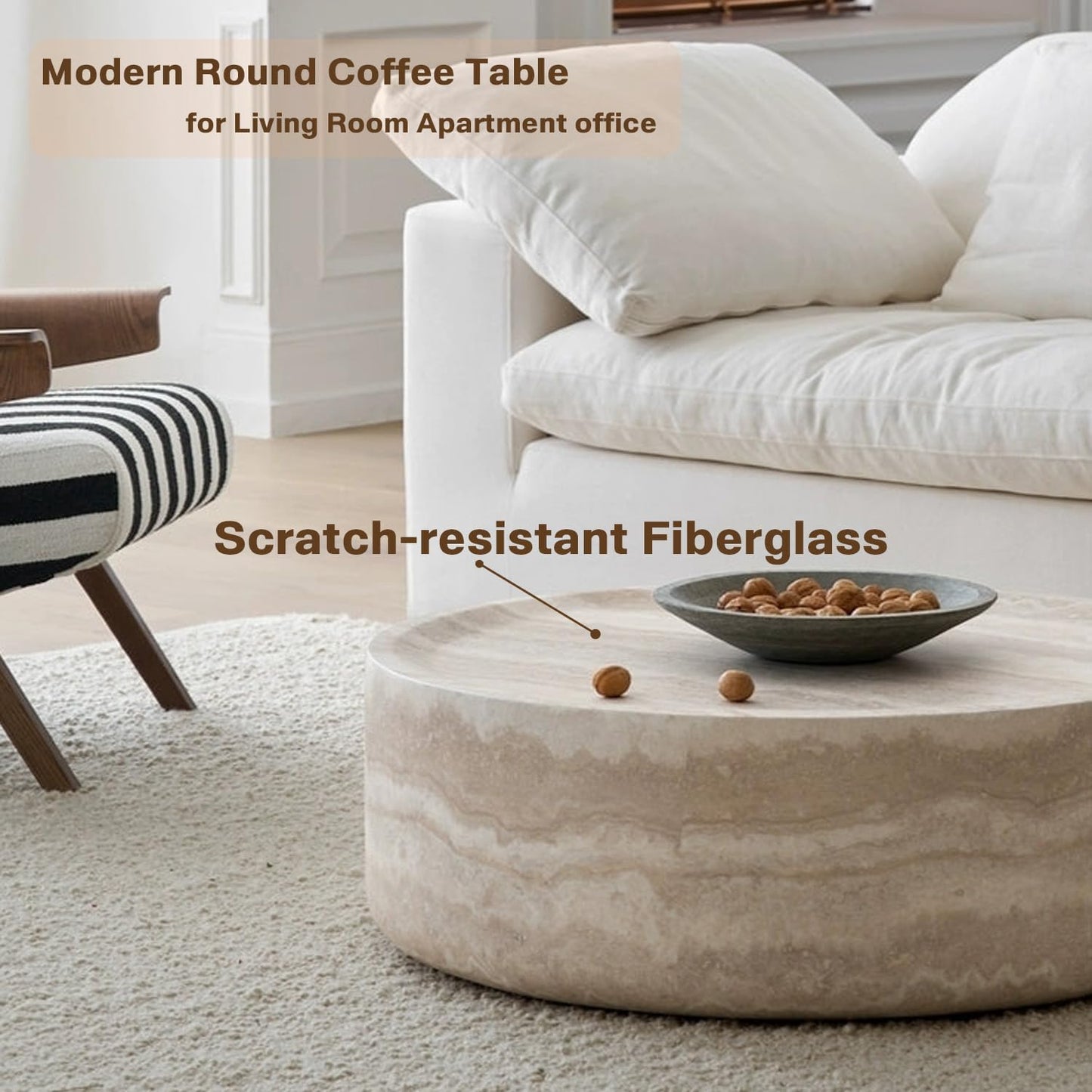 Faux Marble Coffee Table, Modern Round Coffee Table for Living Room, Circle Drum Coffee Side Tables, Fiberglass Center End Table for Small Place Apartment Office (39.37'' Marble)