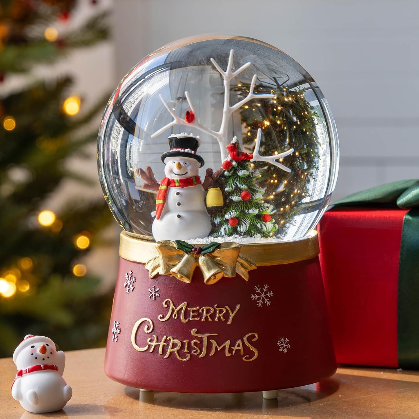 Christmas Snow Globe Lantern Water Glittering Snowman Crown with Music & Timer, USB Lined/Battery Operated Lighted Water Lantern for Christmas Festival Decoration Gifts