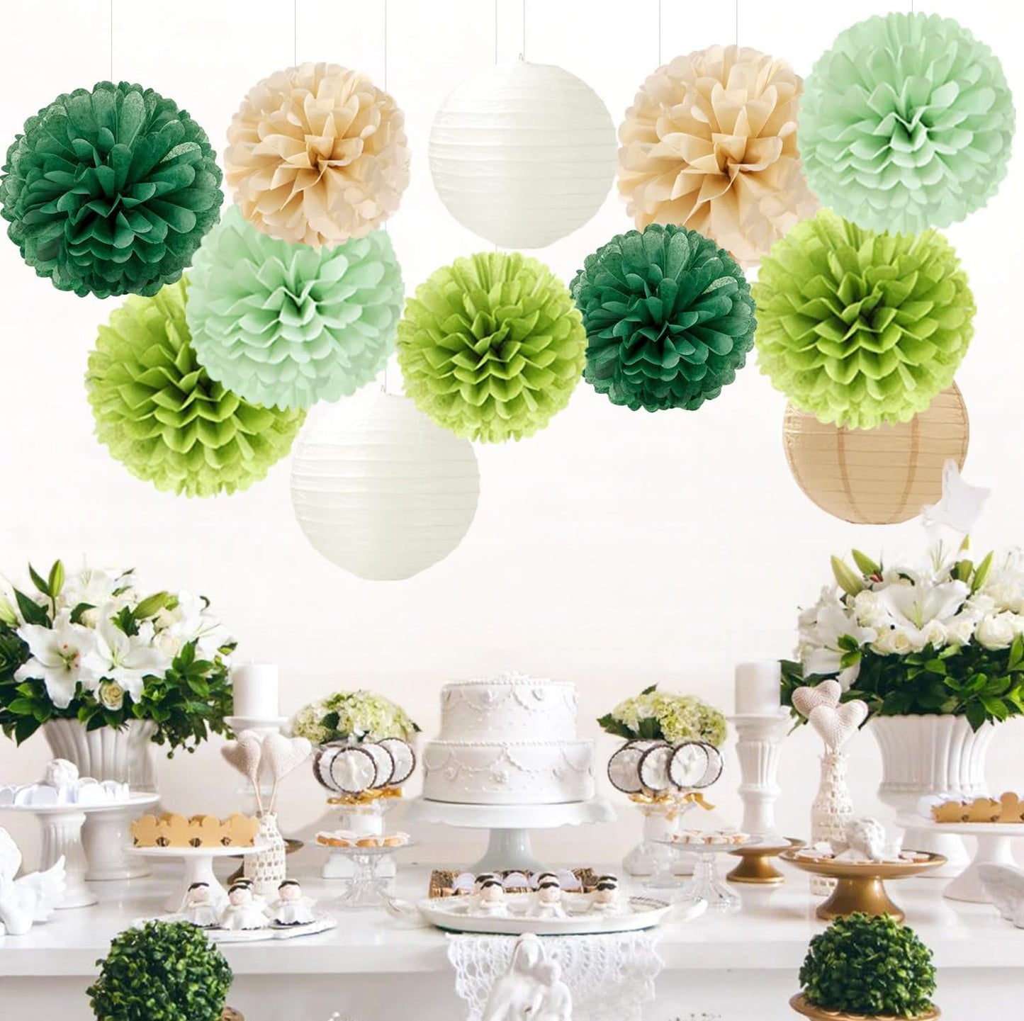Sage Green-Boho Party-Decorations Paper Flowers Lanterns - 15PCS Birthday Gender Neutral Baby Shower Tissue Pom Poms Streamers, Champagne Gold Rustic Wedding Graduation Hanging Supplies Decor Hugfond