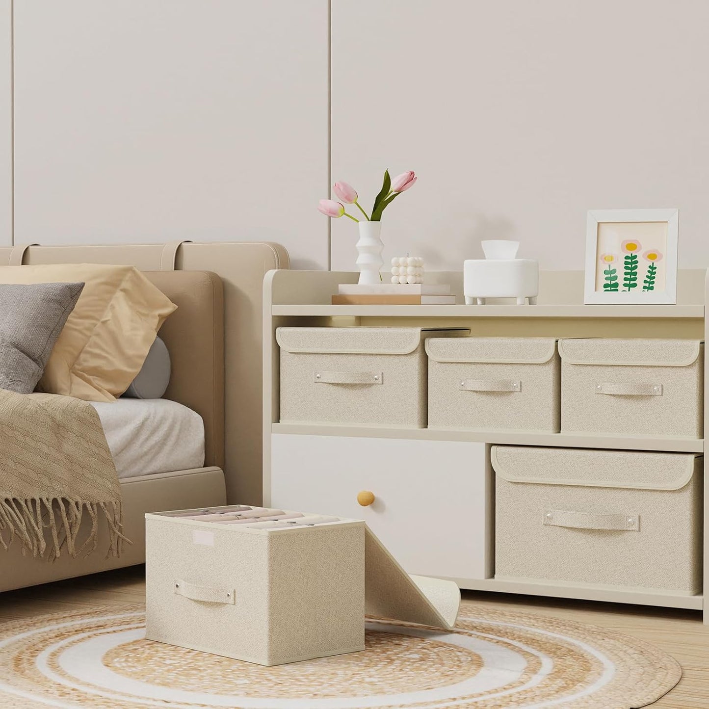 Storage Boxes, Collapsible Storage Bins with Lids, Cotton and linen cloth Storage Baskets with Handle, for Books, Closet, Bedroom, Home, 10.2x7.9x6.7 in, Grey and Beige