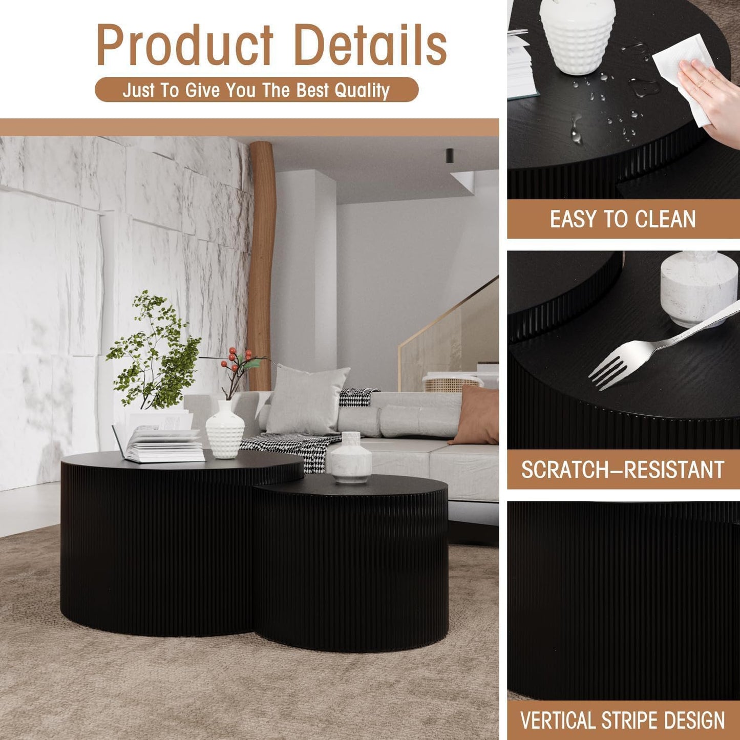 Round Nesting Coffee Table Wood Drum Nesting Tables Modern Stacking Coffee Table Set of 2 Fluted Center Table End Table for Living Room Home Office Small Spaces, No Assembling (Black Crescent)