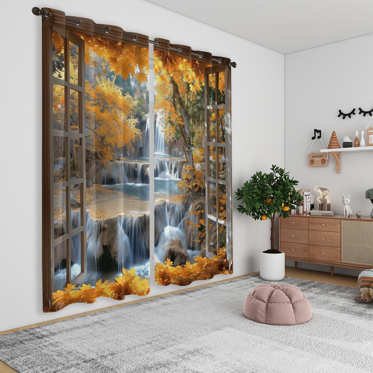 Landscape Blackout Curtains for Girls Boys Teens Home Decor, Nature 3D Autumn Fall Forest Maples Grommet Thermal Insulated Drapes Darkening Window Curtain for Bedroom Living Room, 42 x 63 Inch