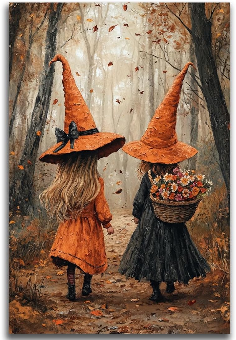 Fall Wall Art Witch Picture Decor,Little Girl Witch Halloween Wall Art, Vintage Autumn Whimsical Woodland Forest Picture, Family Room Nursery Playroom Children Room Decoration,20"x30" Unframed